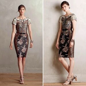 Byron Lars Beguile Brocade Dress 0P Embroidered Floral Short Sleeve Sheath